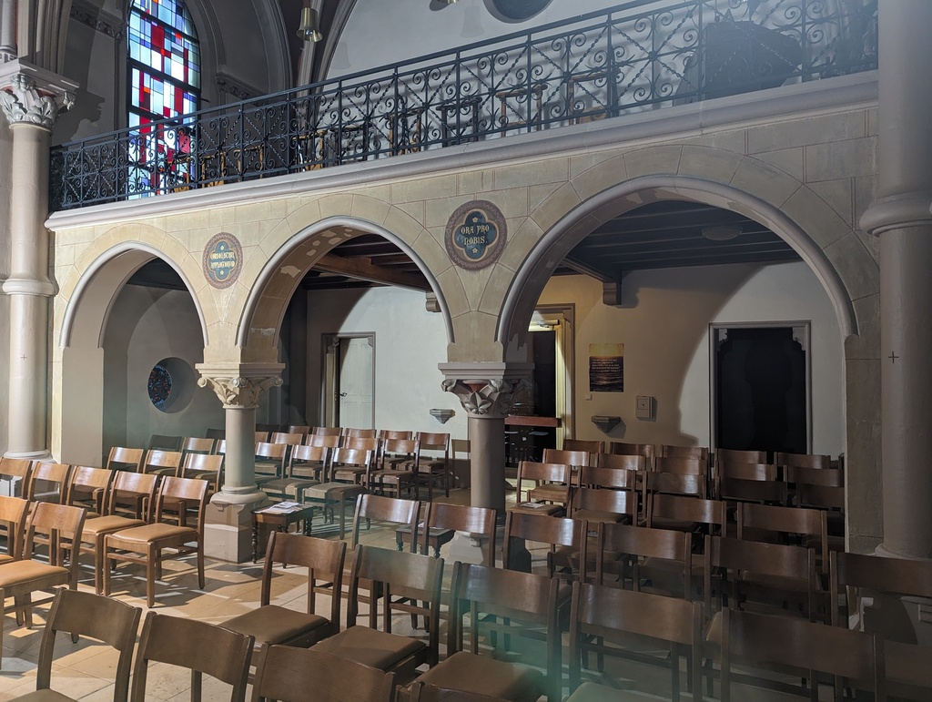 The frescoes on the wall below the rood screen and the 3 arches are also uncovered.
